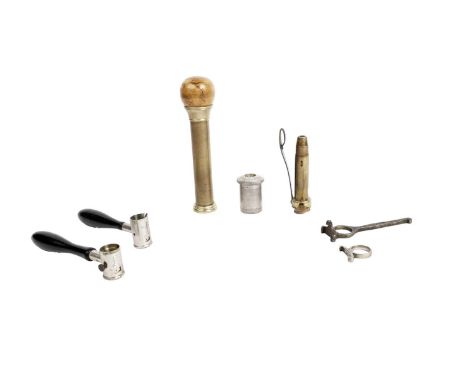 James Dixon &amp; Sons, Sheffield, shotgun reloading equipment to include: a 16 bore brass pinfire re-capper tool with pin re