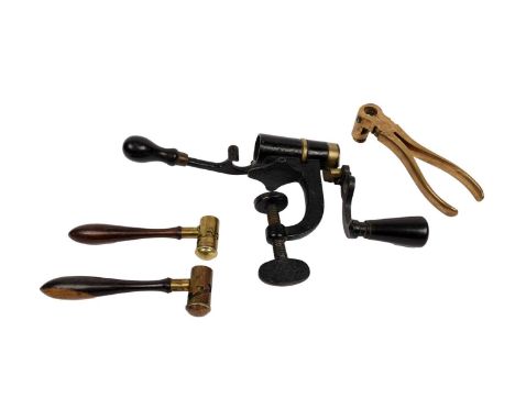 G &amp; J.W. Hawksley shotgun cartridge reloading equipment, to include: a 1 1/4 - 1 1/8 powder measure; a 3 1/4 - 3 2 3/4 - 