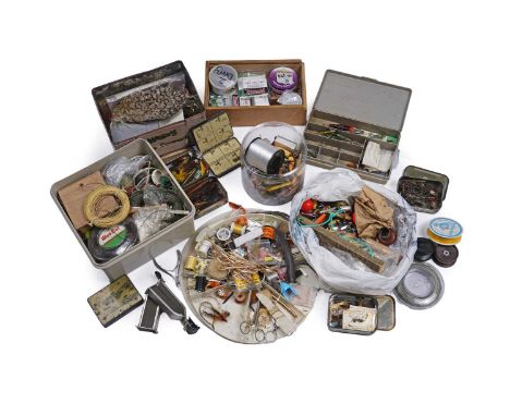 A selection of fishing tackle, including lures, flies, line, a Wheatley rod carrier, and others.