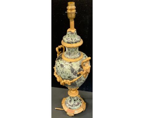 A French green marble and ormolu urnular table lamp, floral swag front,  mask head handles, 54.5cm high 