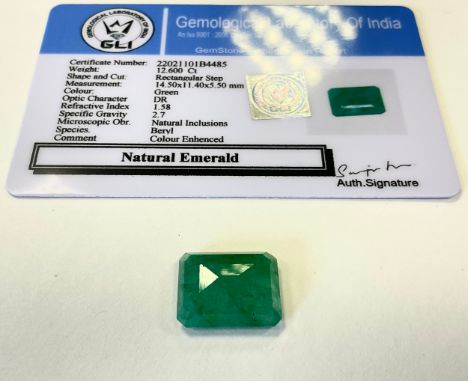 Loose Gemstones - natural rectangular step cut emerald, 12.60ct, colour enhanced, GLI certificate 