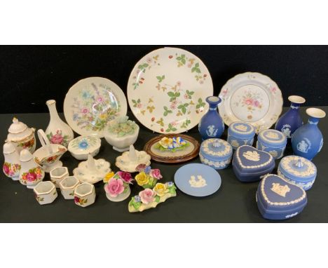 Wedgwood Blue Jasper ware vases, trinket dishes;  Royal Albert Old Country Roses sale and pepper pot;  Wedgwood Strawberry pl
