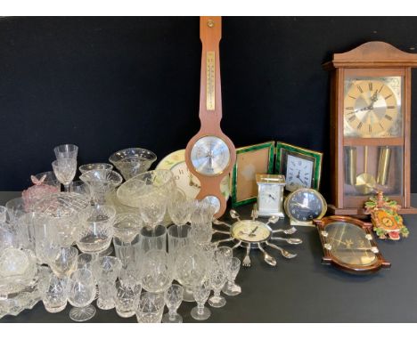 Mid twentieth century clocks, The London Clock Company, wall clock, carriage clock; Barometer; Glassware; Cut glass bowls, va