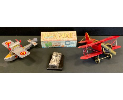 A tin plate model bi-plane, red and black German WWI colours, unmarked;  another sea plane;  an authentic models  candle powe