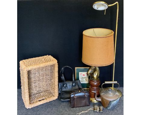 Boxes &amp; Objects - wicker basket, Russell &amp; Bromley handbag;  others;  embroidered panel;  novelty Chess piece table l