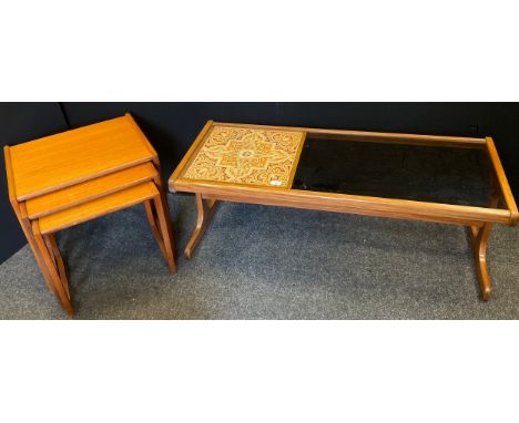 Modern Design - a mid 20th century G-Plan teak, tile, and glass-top coffee table, 45cm tall x 121cm long x 51cm wide;  a nest