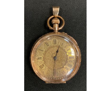 A continental 14ct gold cased lady's fob watch,  gilt dial, Roman numerals, button wind movement, 36mm diameter, 34.1g gross 