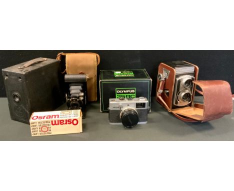 Cameras - Weltaflex medium format camera, Houghton-Butcher J B Ensign box camera;  Kodak vest pocket model B;  Olympus 35RC 