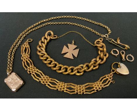 A rolled gold rectangular locket on chain;  gate bracelet;  19th century gold coloured metal British O Society Maltese cross 