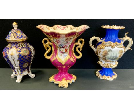 A Samuel Alcock rococo vase, decorated with landscape, on a ruby ground, scroll handles, quatrefoil base, 22cm high, 186;  an