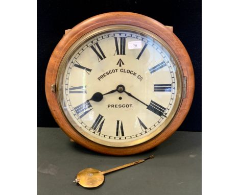 A Prescot Clock Co wall clock/time piece, cream dial, bold Roman numerals, broad Arrow/Crows Foot detail, single train fusee 