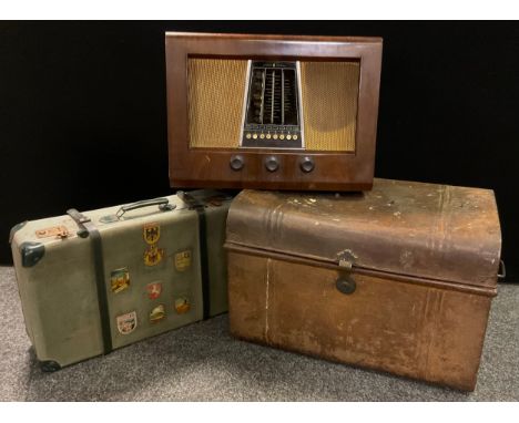 A Vintage Bush mahogany cased valve radio a/c receiver type PB-22;  vintage luggage - a large tin travelling trunk;  a mid 20