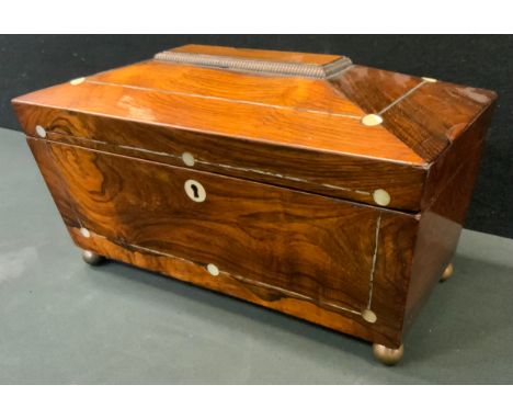 19th Century Rosewood Sarcophagus Tea Caddy, mother of pearl detail, bun feet; fitted interior, two lidded compartments, with