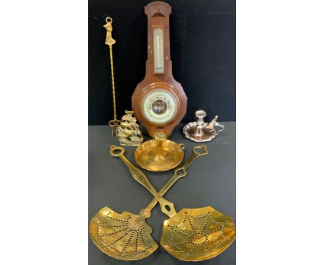 An oak barometer;  a Sheffield plated chamberstick and snuffer;  another, brass; a brass skillet;  etc 