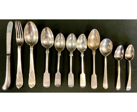 Flatware - A Victorian silver fork and spoon set, London 1872;  other silver tea spoons, silver hafted butter knife, 215g gro