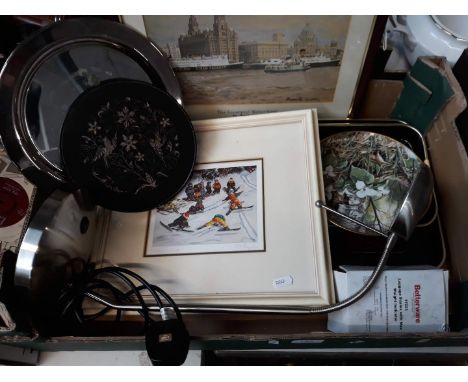 Box with prints, steel lamp etc. 