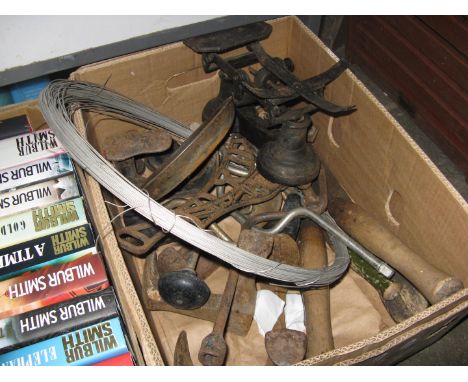 A box of metalware including scales, hedge cutters tools and lasts 