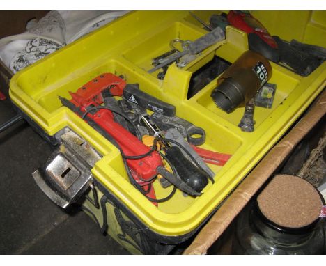 A Stanley toolbox with tools and 1 meter long masonry drill bits 