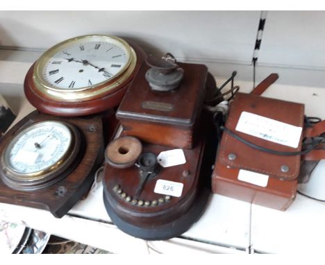 Old meter, part vintage phone, clock and barometer 