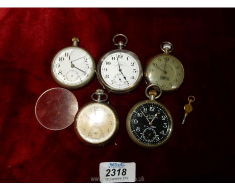 Five pocket watches including black faced military 30 hour non luminous mark V B.H 2686, railway regulator lever, Tempus Fugi