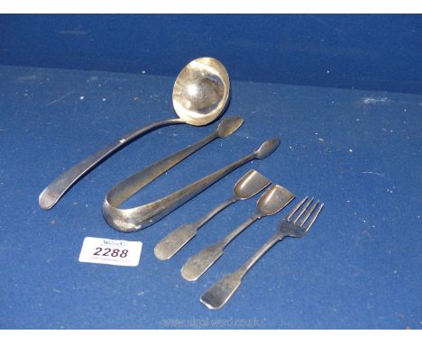 A quantity of Silver including two shovel shaped teaspoons (Dublin hallmarks) with engraved winged omega symbol, 1814, a silv