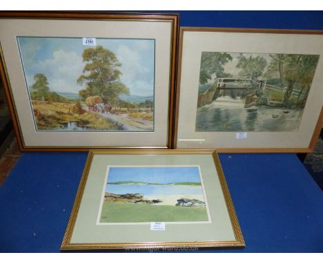A framed and mounted Don Vaughan print of horses and cart bringing home the harvest, a framed and mounted watercolour of a co