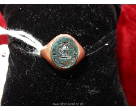 A 9ct gold Signet Ring, makers CG&amp; S, with a bull's head and Latin inscription to the seal, size 'O'.