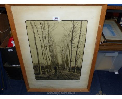 A large wooden framed Vincent Van Gogh print titled 'The Road with Poplars' (21" x 28 1/2").