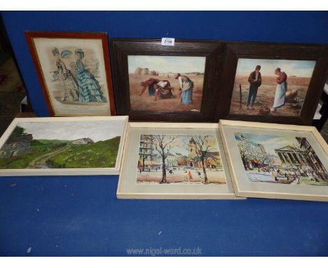 A quantity of pictures to include an etching 'Le Follet', two Millet prints, two George Hann prints, plus an oil on board of 