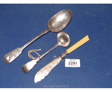 A Silver tablespoon, London 1854 Chawner &amp; Co., sauce ladle, London 1836 Charles Boyton and silver collared fish knife (h