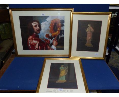 A pair of framed prints of Ancient Roman statues, along with a framed self portrait with a Sunflower by Anthony Van-Dyck prin