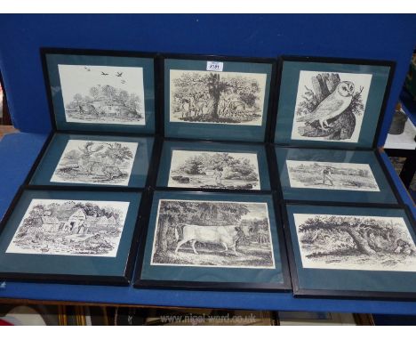A collection of nine black and white Prints after Thomas Bewick depicting rural scenes including hunting, harvesting, cattle,