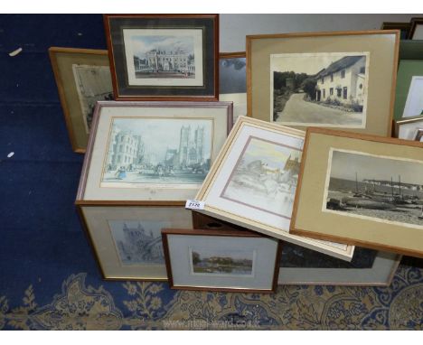 A quantity of pictures to include; Limited Edition etchings of Hereford Cathedral, a print of Westminster Hospital and Abbey 