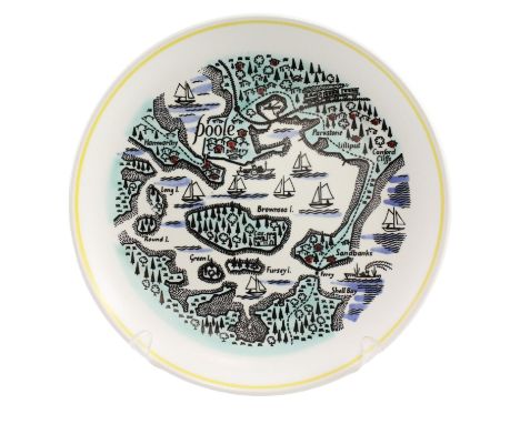 A 1970s Poole Pottery plate, depicting a stylised map of the pottery and environs, 23.5 cm 