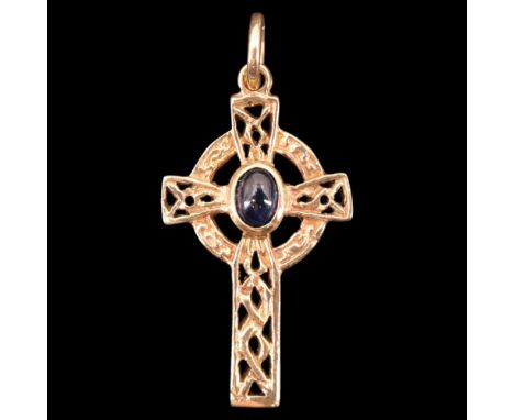 A 1990s sapphire cabochon and 9 ct gold Celtic cross pendant, 33 mm x 18 mm excluding suspender, 3.5 g