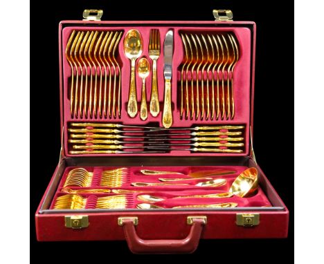 A mid-to-late 20th Century canteen of gold-plated cutlery for twelve settings, in claret leatherette briefcase, 46 cm x 32 cm