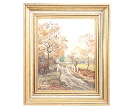 Edward Stamp (20th Century)"Autumn near Thornborough", a pastoral study of a Buckinghamshire farmstead viewed past a rutted m