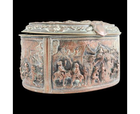 A late 19th Century French electrotype oval casket, relief decorated with depictions of 17th Century scenes, marked A B Paris