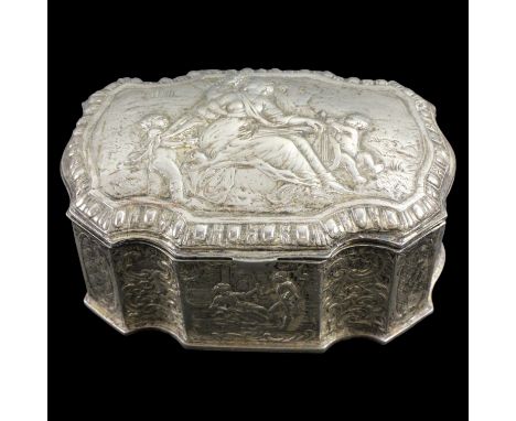 An early 20th Century electroplate Rococo style trinket box, its hinged lid relief decorated in depiction of Athena and Cupid