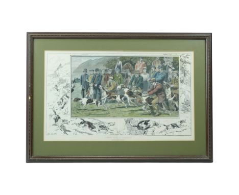 After John Charlton (1849 - 1917)"A Hound Trail in Cumberland", a study of a hunt about to commence, with a crowd of men over