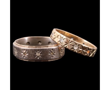 A 1960s paste-set 9 ct gold eternity ring, Q, 2.6 g, together with a 9 ct yellow metal and white metal band