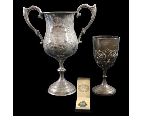 An Edwardian St Albans Angling Society silver prize trophy goblet, presented to Arthur Every by Mr R Chamberlin, together wit