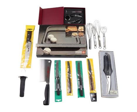 A quantity of  J A Henckels / Zwilling of Solingen and other kitchen knives etc, including a Zwilling cleaver, similar poultr