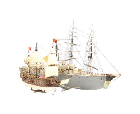 Three plastic scale model ships, comprising Airfix "Royal Sovereign 1637", a gunboat and one other, gunboat 86 cm x 39 cm
