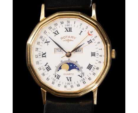 A Rotary Moonphase wristwatch, having a quartz movement and white face with Roman numerals, outer date chapter, calendar and 