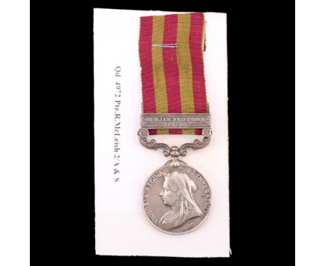 An India medal with Punjab Frontier 1897-98 clasp to 4972 Pte R McLeish, 2nd Battalion. Argyll and Sutherland Highlanders