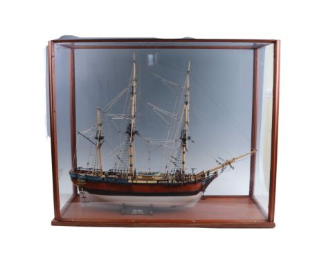 A late 20th Century "HMS Bounty" wooden scale model ship, in glazed case, case 84 cm x 35 cm x 70 cm. 