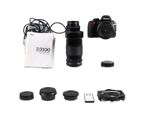 A Nickon D3100 camera and accessories together with Casio and Vivitar lenses