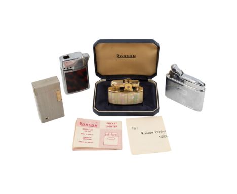 A vintage Ronson's mother-of-pearl-effect and gilt pocket cigarette lighter, boxed with papers, circa 1960s, together with th