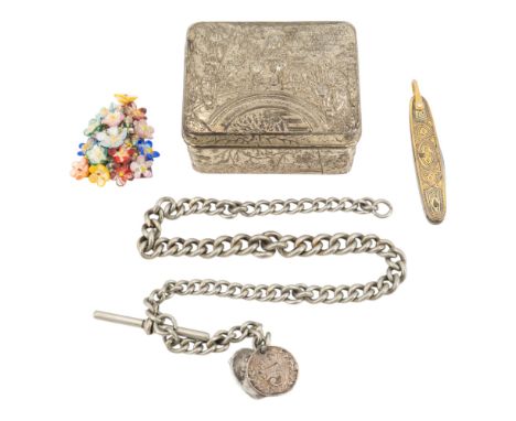 An early 20th Century Japanese EPBM trinket box together with a graded curb-link watch chain with T-bar, Good Luck heart and 